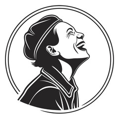 Joyful Silhouette Illustration Of Laughing Woman In Hat Within A Circular Frame