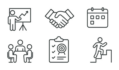 Business and productivity outline icons set – linear style for efficiency, teamwork, and organization: presentation, handshake, calendar, meeting, checklist, growth.