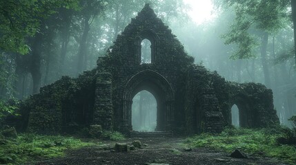 Obraz premium Ruined abbey in misty forest
