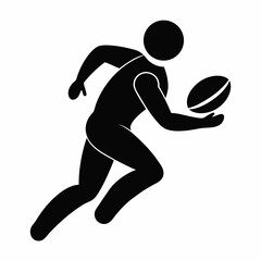 Black Silhouette Of Running Rugby Player Holding Ball On White Background