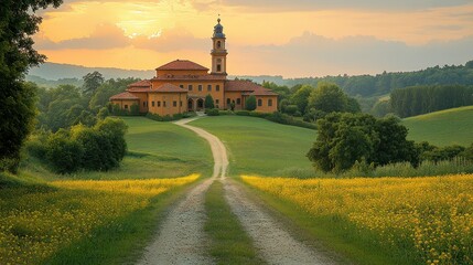 Naklejka premium Rural church complex at sunset