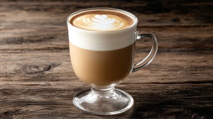 Elegant glass of cappuccino on a rustic wooden table, with coffee foam on top, cozy coffee shop atmosphere. generative ai
