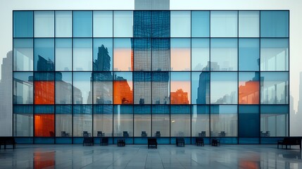 Modern glass building facade with city reflection
