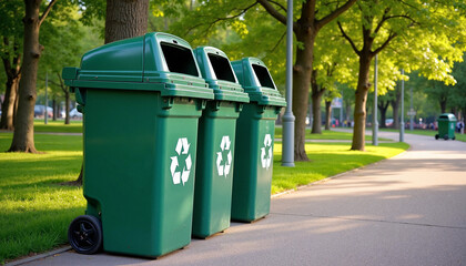 Green recycling bins lined along a park pathway under trees  