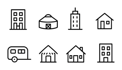 Real estate and housing icon set – line style for property, building, and architecture design: apartment, yurt, skyscraper, house, trailer, hut, cottage, urban building.