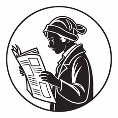 Vintage Woman Reading Newspaper In Circular Frame Black And White Illustration