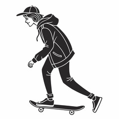 Silhouette Of Skateboarder Girl Wearing Hoodie And Cap On White Background