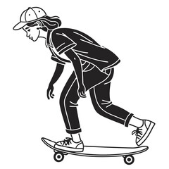 Young Woman On Skateboard Monochrome Vector Illustration Line Art Style