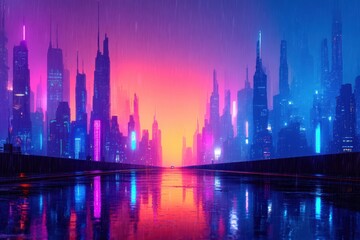 Obraz premium Futuristic city skyline reflected in a wet street.