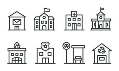 Public services icon set – outline style for city infrastructure and civic engagement: municipal building, school, hospital, fire station, police station, bus stop, recycling center