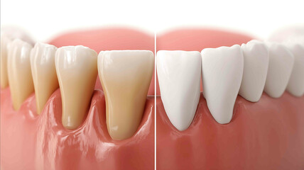 Realistic dental comparison chart left half with teeth and receded gums exposed root areas right half with normal gum coverage and healthy tissue soft tones no harsh medical detail