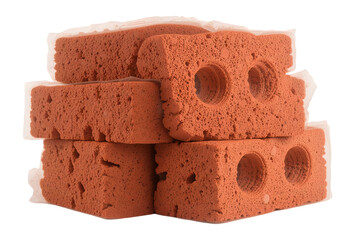 Stack of red bricks isolated on transparent background,Stack of Four Red Clay Bricks with Holes Isolated on White for Construction Concepts: Building Material Imagery: Bricks, Red, Clay, Isolated.
