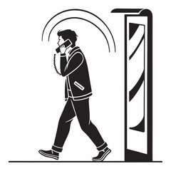 Silhouette Of Man Using Telephone In Phone Booth Black And White