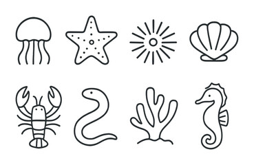 Marine life outline icons set – linear style ocean, sea creatures, and nautical graphics for design projects: jellyfish, starfish, sunburst, shell, lobster, eel, coral, seahorse.