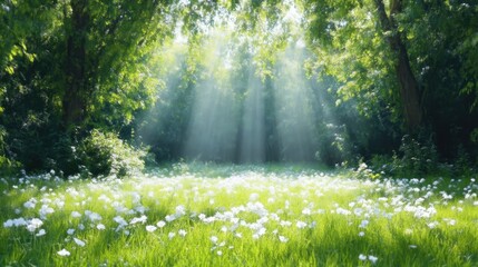 Obraz premium Sunlight streams through a lush forest, illuminating a field of white flowers