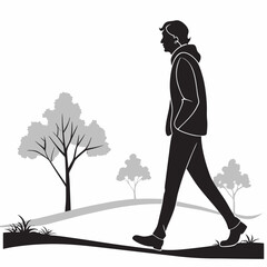 Silhouette Of A Man Walking In The Park Monochrome Illustration Design