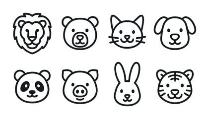 Cute animal outline icons collection – linear style pet, wildlife, and cartoon symbols for kids designs: lion, bear, cat, dog, panda, pig, rabbit, tiger.
