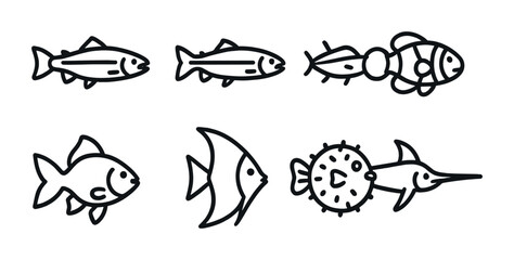Aquatic life line icons set – outline style marine, ocean, and sea creatures for nature enthusiasts: salmon, clownfish, goldfish, angelfish, pufferfish, swordfish.