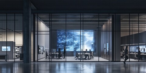 Modern glass-walled control center at night.