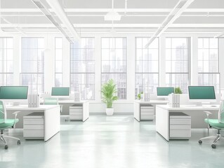 Fototapeta premium Modern, bright workspace with panoramic city views.