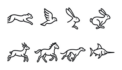 Wildlife animals outline icon set – linear style nature and fauna symbols for environmental designs: cheetah, eagle, hare, deer, horse, wolf, swordfish.