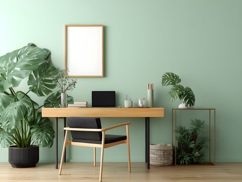 Botanical Mint Green Office Nook Inspires Productivity with Fresh Natural Vibes, Chic Modern Ergonomic Design
