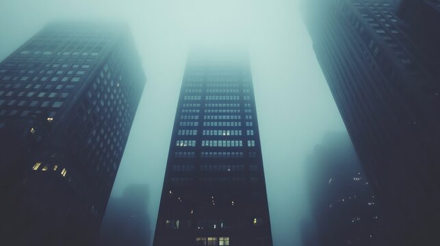 Foggy city skyscrapers