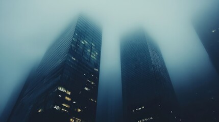 Foggy city skyscrapers at night