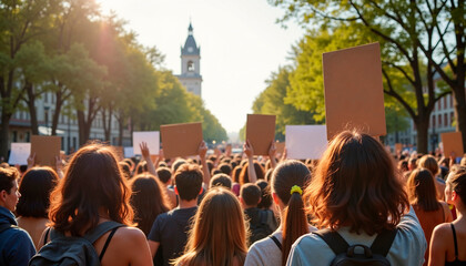 Protesters Raising Signs in a City Park at Sunset  