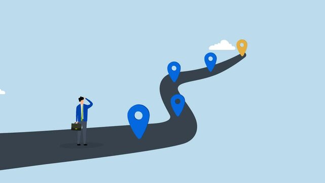 Success roadmap journey, 4k animation of businessman look at achievement milestone to success.