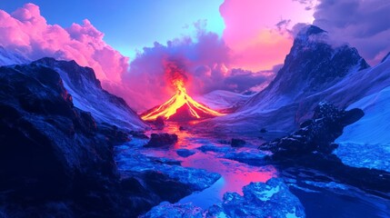 Obraz premium Erupting volcano in the Arctic, glowing lava contrasting against icy blue glaciers, surreal scene generative ai
