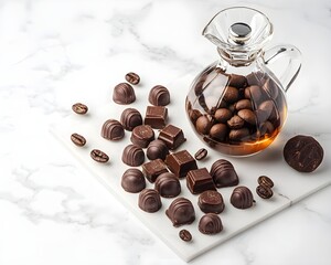 Indulge Gourmet Palates with Rich Espresso Bean Chocolates Presented Elegantly in a Vintage Glass Decanter