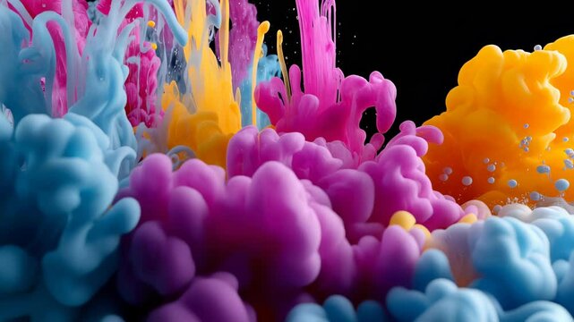 Ink Drop in Water - Ultra Slow Motion Bloom.  Ultra slow-motion 4K shot, clear water surface viewed from slightly below or level, several distinct drops of vibrant colored ink