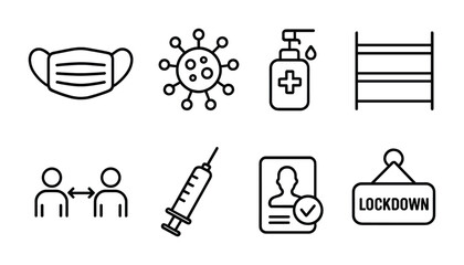 Pandemic safety icon set - linear style health and hygiene symbols for awareness campaigns: mask, virus, sanitizer, shelves, distancing, syringe, id, lockdown.