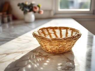 Fototapeta premium Empty Wicker Basket on Marble Countertop with Soft Natural Lighting Evoking Minimalist Home Organization Aesthetic