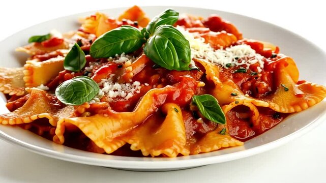 Delicious Italian farfalle pasta dish with rich tomato sauce, fresh basil, and cheese, creating vibrant and satisfying meal that embodies essence of Italian cuisine.