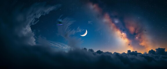 Crescent moon hangs low amidst a swirling cloud cover and a vast, star-studded night sky,  evening, texture