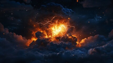 Powerful volcano eruption at night, lightning strikes inside the ash cloud, dramatic scene generative ai