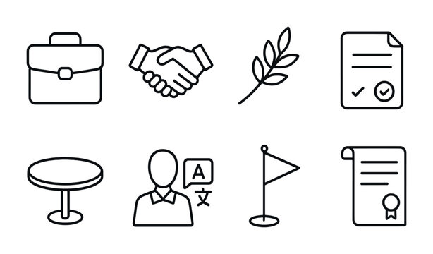 Business and communication icons - briefcase, handshake, olive branch, document, table, interpreter, flag, certificate