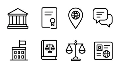Law and justice icon set - outline style legal, court, and government symbols for attorneys: courthouse, certificate, location, chat, government building, legal book, scales, id badge
