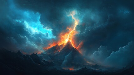 Fototapeta premium Powerful volcano eruption at night, lightning strikes inside the ash cloud, dramatic scene generative ai