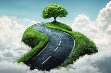 A road that curves upwards and then flows into the sky, with grass on both sides of it