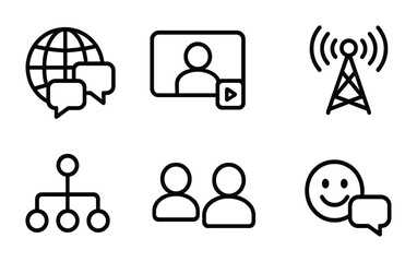 Communication and network outline icon set – linear style digital connectivity, online interaction, and messaging symbols: globe, video call, antenna, hierarchy, user group, chat