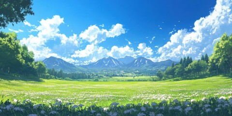 Naklejka premium Sunny Meadow with Mountain View.