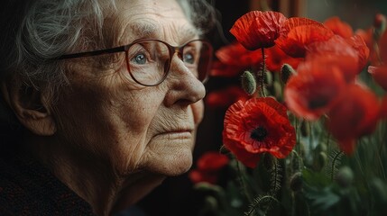 Elderly woman gazing out a window, thoughtful expression, surrounded by red poppies