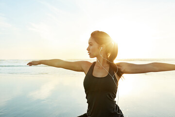 Person, music or beach yoga at sunset for balance, calm or zen mindset in peace mockup space....