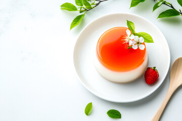 A delicate dessert with a glossy jelly layer, garnished with flowers, leaves, and a strawberry on a white plate, evoking freshness and elegance.