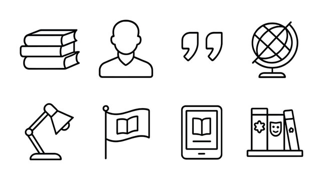 Education and learning outline icons set – flat style academic, study, and knowledge symbols for educational resources: books, student, quotation marks, globe, lamp, flag, tablet, bookshelf.