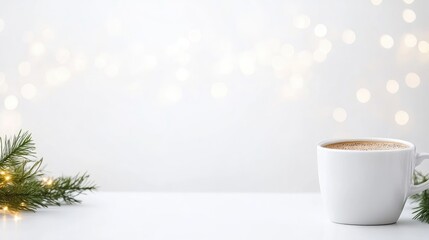 Festive coffee break.  Simple Christmas scene with a cup of hot drink and festive greenery, set against a soft bokeh background of warm lights
