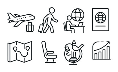 Business and travel outline icon set - linear style corporate, workflow, and logistics symbols for global operations: airplane, passport, suitcase, map, globe, graph, office.